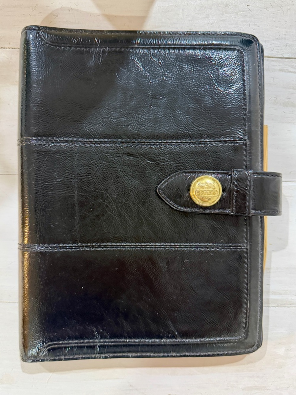 Vintage Coach Black Leather Planner with Gold Snap Accent